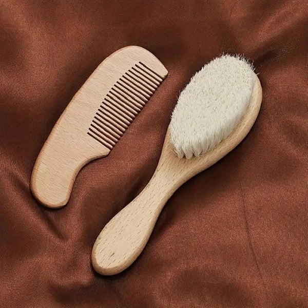 POLICK 2pcs Baby Care Hair Brush Beech Soft Wool Wood Comb Newborn Massager
