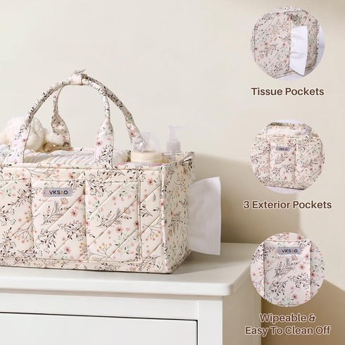 VKSAO Baby Essentials Cute Floral Diaper Caddy Organizer Portable Storage Basket with Shoulder Strap & Stroller Hooks