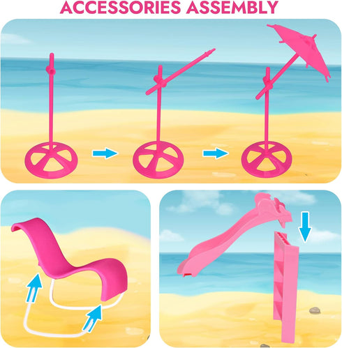 BETTINA Pool Playset with Glam Pool, Slide, Beach Chair, Umbrella, Dog for 12 Inch Dolls