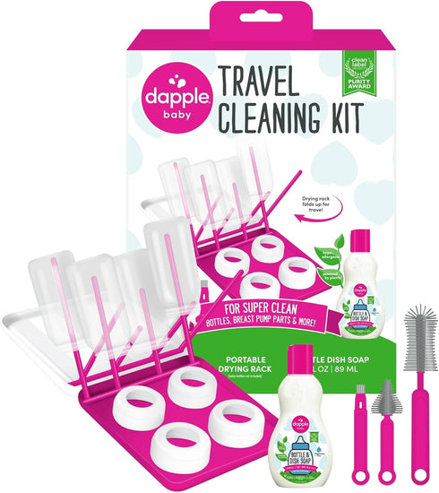 Dapple Travel Cleaning Kit - Includes Bottle, Dish Soap, Drying Rack & Silicone Brush