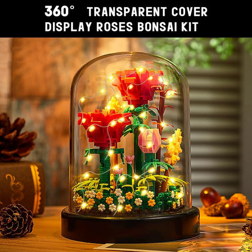Set 596 HOGOKIDS Flower Bouquet Building with LED Lighting - PCS Red Rose with Cover Botanical Building Blocks Kits