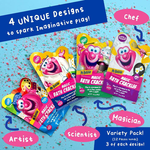 Mr. Bubble Magic Bath Crackles for Kids, Fun Bubble Bath with Colorful Pops and Fizzy Snap (12 Packets, 1 oz Each)