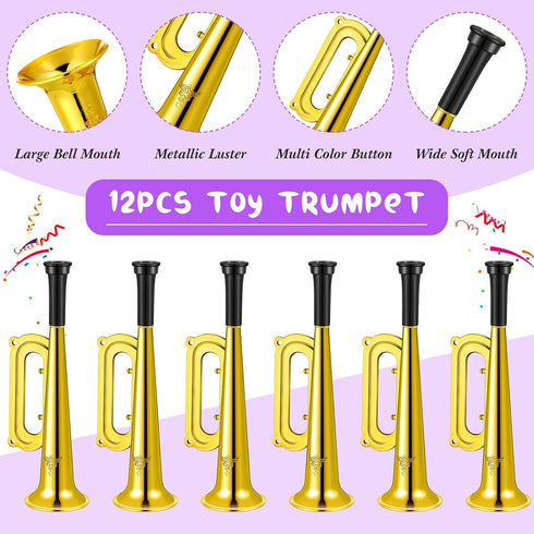 Poen 12 Pcs Mini Metallic Trumpet Toy Set, 7 Inch Plastic Noise Makers for Kids Events & Music Class (Gold)