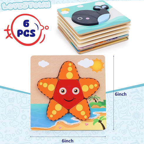 LovesTown 6PCS Wooden Toddler Puzzles - Montessori Sea Animal Jigsaw Puzzles for Kids Educational Gift