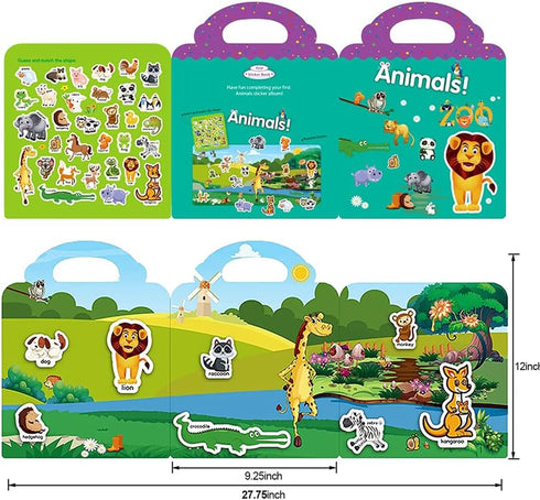 Reusable Sticker Book for Kids, Animal Stickers Activity Books, Educational Travel Toys for Toddler Girls Boys