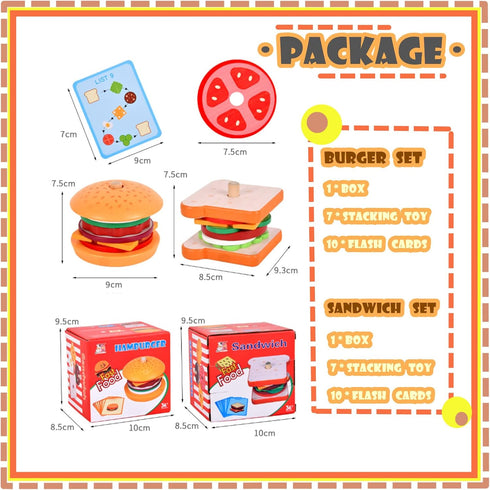 Wooden Burger Sandwich Stacking Toys - Montessori Educational Play Food for Toddlers, Christmas Birthday Gift for Kids