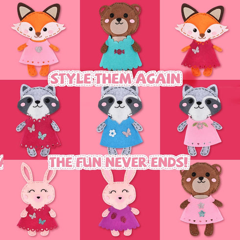 5 Cymbana Kid Sewing Craft Kit to Make a Friend for Beginner Felt Craft Learn to Sew, Panda Fox Bunny Raccoon Bear