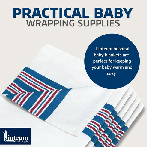 100% 30x40 6-Pack Linteum Textile Supply Hospital Receiving Blankets for Newborns Cotton, in, White w/Teal & Pink