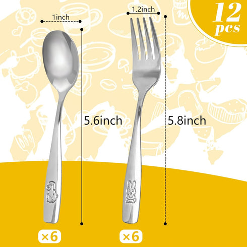 HANSGO 12PCS Children Safe Forks and Spoons, Silverware for Kids Cutlery Set Toddler Utensils Stainless Steel Tableware with Bunny and Puppy Motifs by HANSGO