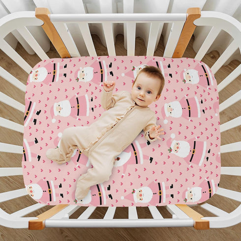 Mazeann 52" 28" 9" Christmas Pink Santa Crib Sheets Soft Breathable Fitted Baby Crib Sheets Mattress Cover for Girl