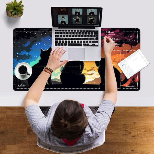 Qindaiwen MTG Playmat, 24x14 Inch Tabletop Game Mat, Premium Smooth Rubber, Mousepad Compatible, Three Cats