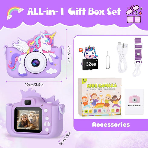Alotwan 3-8 3 4 5 6 7 8 1080P 32G Kids Camera Unicorn Toys for Girls, Digital Camera for Kids Age Toddler Travel Toys