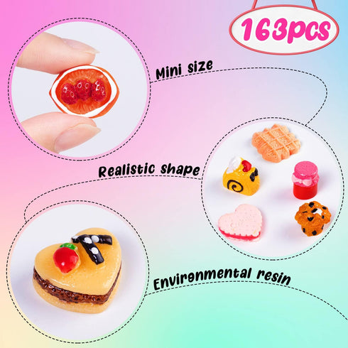 FFNIU 160 Pcs Mini Food Toys, Miniature Food Drinks Bottles for Doll Kitchen Pretend Play, Mixed Resin Kitchen Cutlery