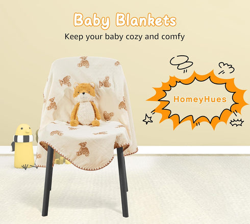 HomeyHues 40 40 Baby Blanket Double Layer Cotton x Soft Receiving Blanket with Pattern Machine Washable Brown Bear