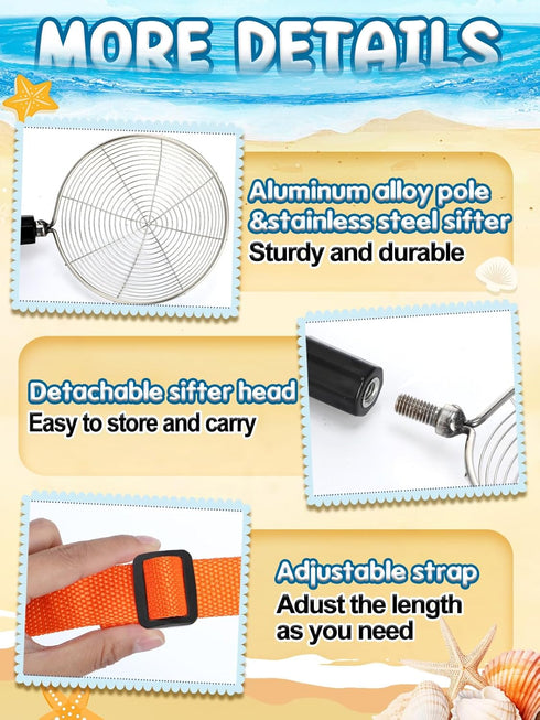 1 Pack 21.6"~33" Sand Sifter with Seashell Bag- Adjustable Shark Tooth Sifter & Sea Shell Bags for Beach Seashell