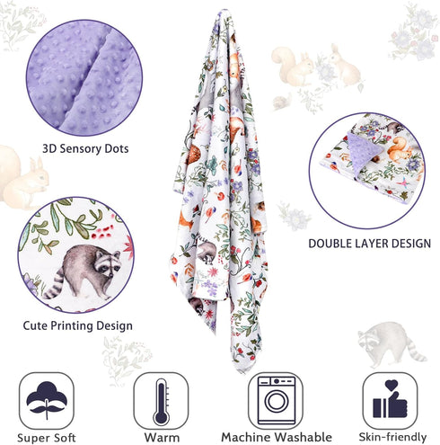 Purple Fleece Baby Blanket for Boys & Girls, Soft Portable Toddler Minky with Woodland Animal Print, 40 x 30 Inch