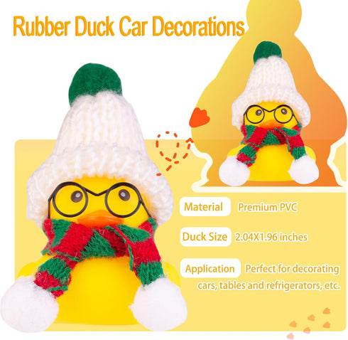 Christmas Rubber Ducks Toys - Yellow Duck Car Ornaments with Mini Beanie Hat and Scarf for Home Decor
