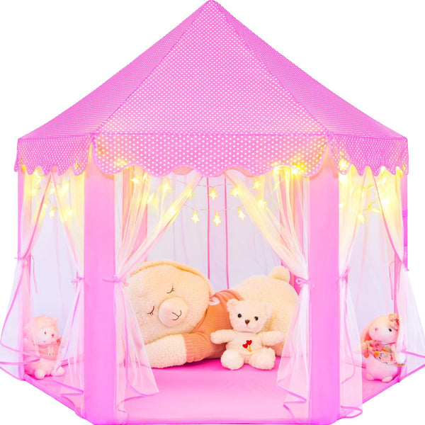 Pink Princess Tent for Girls, Kids Playhouse with LED Star Lights, Indoor Outdoor Castle Tent, 55×53 Inches