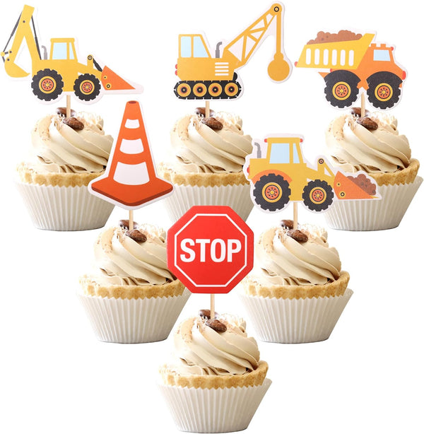 36 PCS Construction Cupcake Toppers Stop Sign Dump Truck Excavator Tractor Party Cake Food Picks for Baby Shower