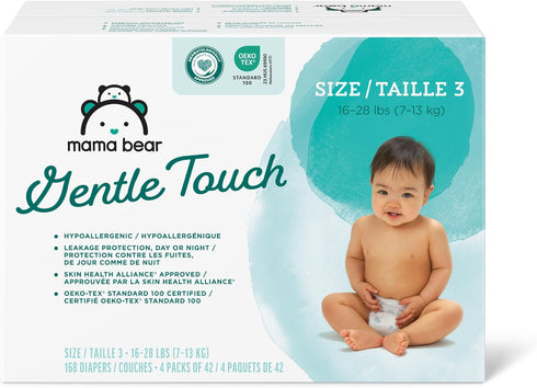 Mama Bear Gentle Touch Diapers, Hypoallergenic, Size 3, 168 Count (4 Packs of 42) - Amazon Brand, White