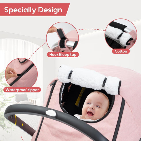 Winter Baby Car Seat Cover, Waterproof Carseat Cover with Zipper Peep Window, Warm Sherpa Fleece Lining, Universal
