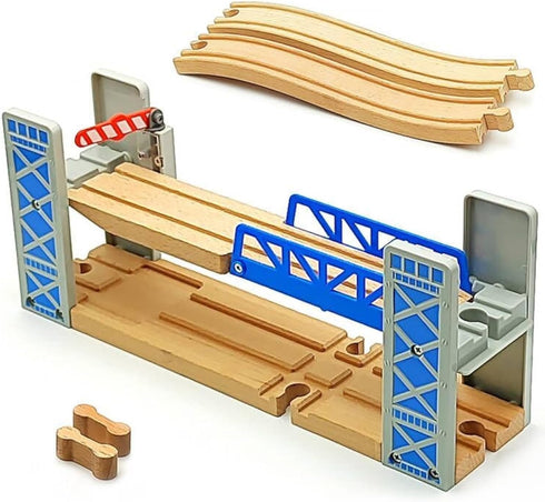 DSHMIXIA Lift Bridge Wooden Crane Toy Set with Train Cars - Compatible with