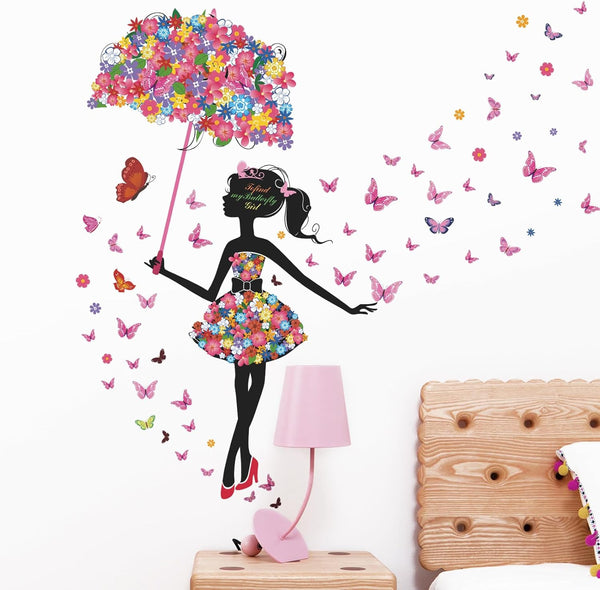 Supzone Flower Fairy Wall Decal, Colorful Butterfly Floral Wall Sticker for Girls Baby Nursery Decor
