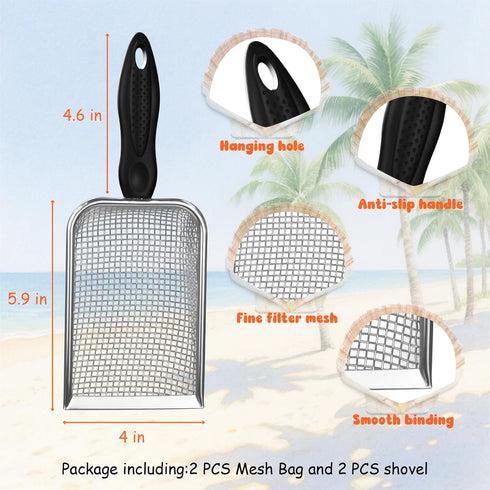 2 2 PCS Beach Mesh Shovel Sand Sifters with PCS Mesh Beach Bag, Shark Tooth Sifter for Shell Collecting, Filter Sand