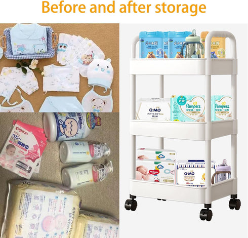 Baby Diaper Cart with Wheels and Handle, 3 Tier Rolling Cart Organizer for Storage Baby Clothes, Wipes, Bibs