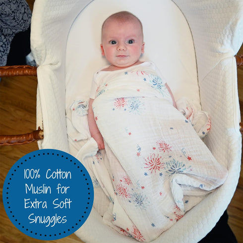Swaddle Blanket 100% Cotton, Muslin Swaddle Blankets Suitable for 4th of July Baby Outfit, Soft Baby Swaddle Blanket 47 x 47 inches, Baby Essentials, Registry and Gift (Fireworks Print) by LollyBanks