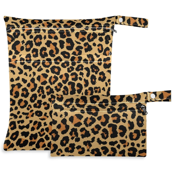 visesunny Leopard Grain 2Pcs Wet Bag with 2 Zippered Pockets Snap Handle Washable