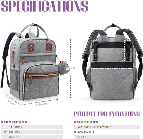Diaper Bag Backpack, Grey Travel Essentials Tote Bag, Multi-Function Waterproof Backpack with Stroller Straps &
