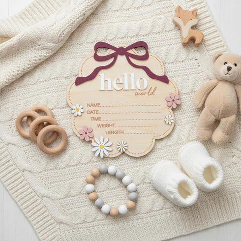 TTMerriwood Hello World Wooden Baby Birth Announcement Sign with Pink Bow, Cloud Shape Floral Newborn Name Date Time
