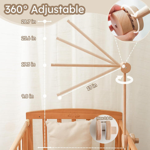 Moyii 360 Wooden Baby Mobile Arm for Crib Adjustable Beech Wood Mobile Holder, Foldable Baby Mobile Hanger