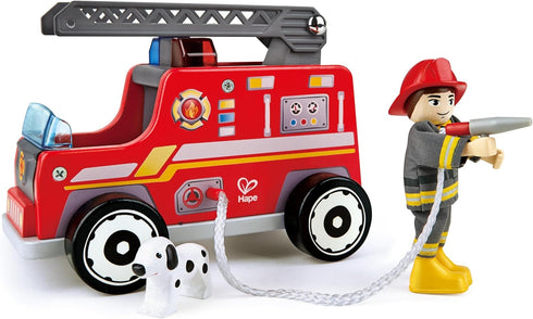 Playset| Hape Fire Truck Wooden Fire Engine Toy with Action Figure & Rescue Dog