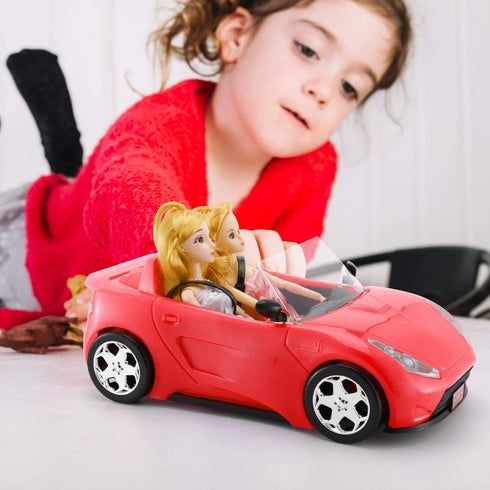 KeepRunning Convertible Car for Dolls, Glittering Deep Red Convertible Doll Vehicle with Working Seat Belts Ideal Gift