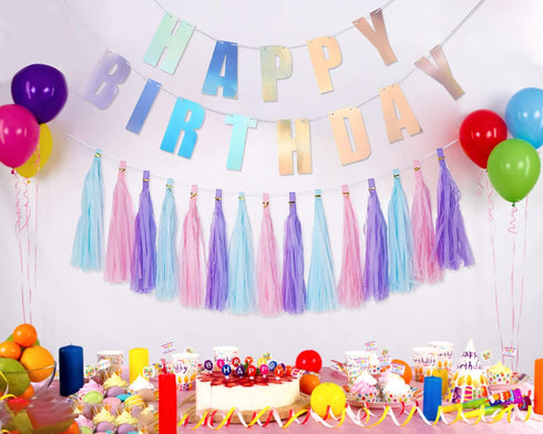 YAKRUNA Silver Holographic Happy Birthday Banner, Iridescent Party Supplies with 15PCS Rainbow Tassel Paper Garlands