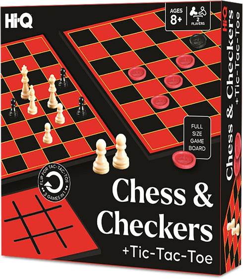 Hi-Q 3-in-1 Set Chess, Checkers & Tic-Tac-Toe Game Double-Sided Folding Board Staunton Style Pieces & Interlocking