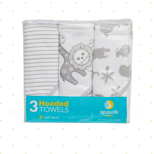 3 Pack Set Spasilk Baby Soft Terry Hooded Towel for Newborn Boys and Girls Gray Lion One Size
