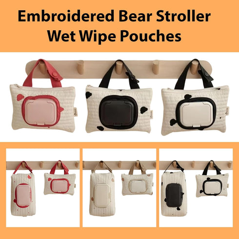 Generic (set1) Embroidered Bear Stroller Wet Wipe Pouches,Stylish Bear Embroidery Wet Wipe Pouches,Portable Baby Wipe