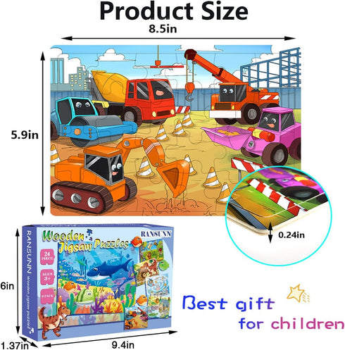 Puzzles for Kids Ages 3-5, 24 Piece Colorful Wooden Puzzles, Educational Toys for Boys and Girls