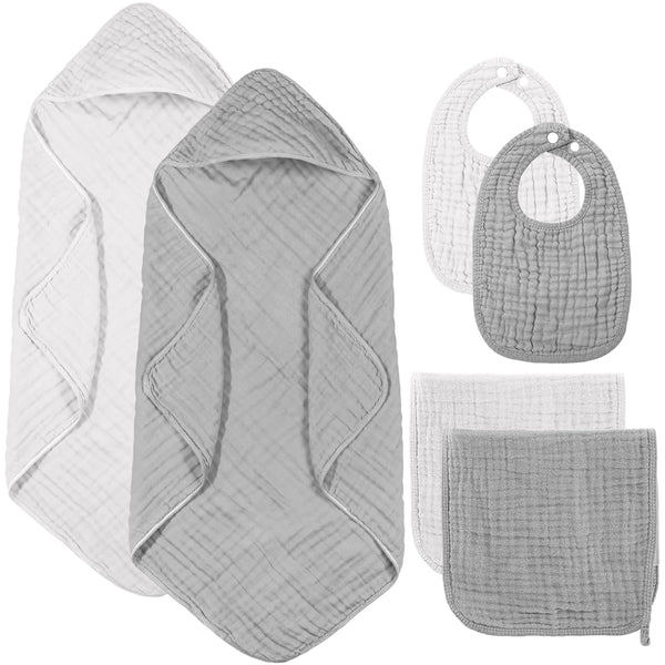 Hahafelt 6 Pcs Muslin Hooded Bath Towels Washcloths and Bibs Set, Muslin Cotton