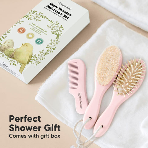 Set Set Baby Hair Brush for Newborns - Soft Goat Bristle Wooden Baby Brush and Comb Newborn Grooming Kit for Cradle