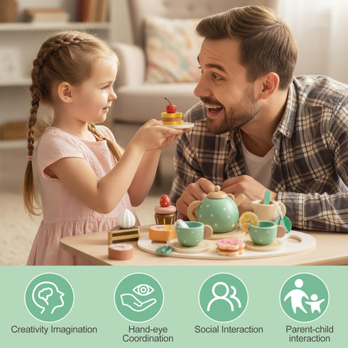 Set Set 2-5 Wooden Tea Party for Little Girls, Toddler Pretend Play Food Kitchen Toys, Wooden Tea Tray Cake Dessert