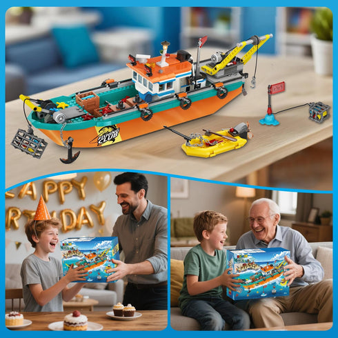 Set 6 7 8 9 10+, 762PCS City Fishing Boat Wharf Building - Floatable Sea Fishing Ship Building Block Kit with Speedboat