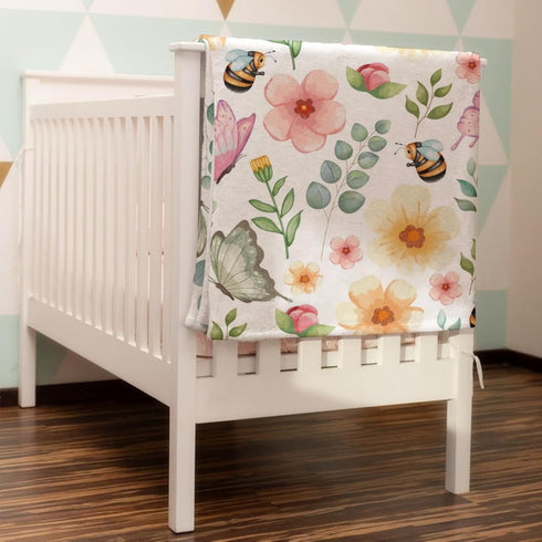 Spring Garden Floral Butterflies Bees Baby Blanket, Colorful Flowers Eucalyptus Leaves Swaddle Wraps 30x40