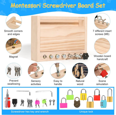 Montessori Toys for 3-5 Year Olds, Screwdriver Board Set with Locks and Keys, Educational Fine Motor Skills Toy