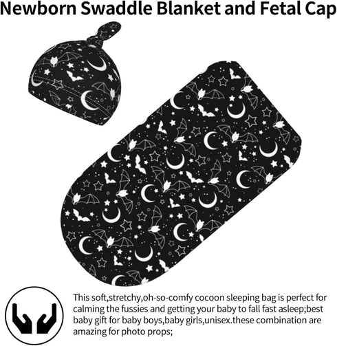 Goth Baby Stuff, Newborn Swaddle Blanket with Beanie Hat Set, Black Baby Receiving Blanket for Boys and Girls