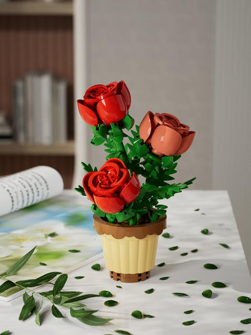 Jollcnoia Rose Flower Potted Bonsai Building Toys Blocks Particle Flower Botanical Mini
