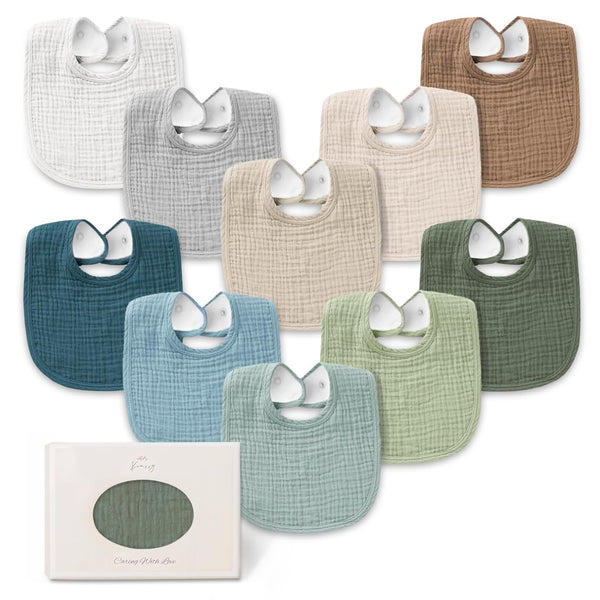 Konssy 10-Pack Muslin Baby Bibs, Soft Cotton Bandana Bibs for Drooling &